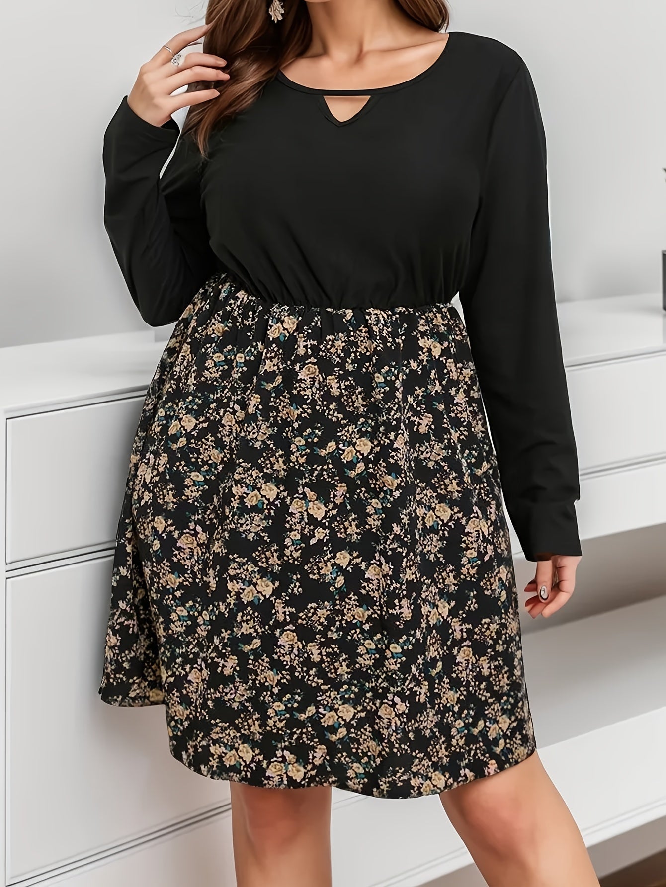 Colorblock Floral Print V Neck Dress