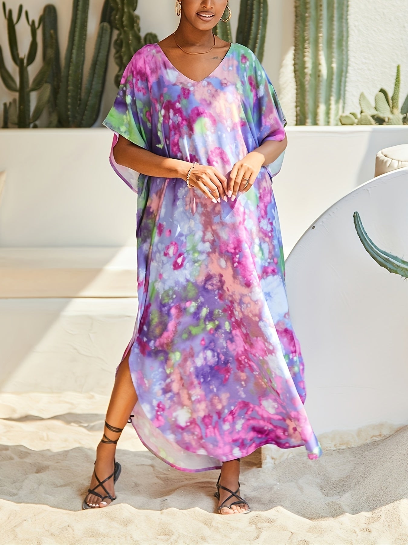 Tie Dye Bat Sleeve Cover Up Dress