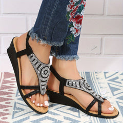 Glitter Wedge Sandals Peep Toe Elastic Strap Slip On Shoes