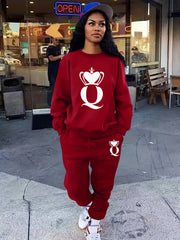 Q Letter Print 2pc Set Crew Neck Tops & Jogger Pant