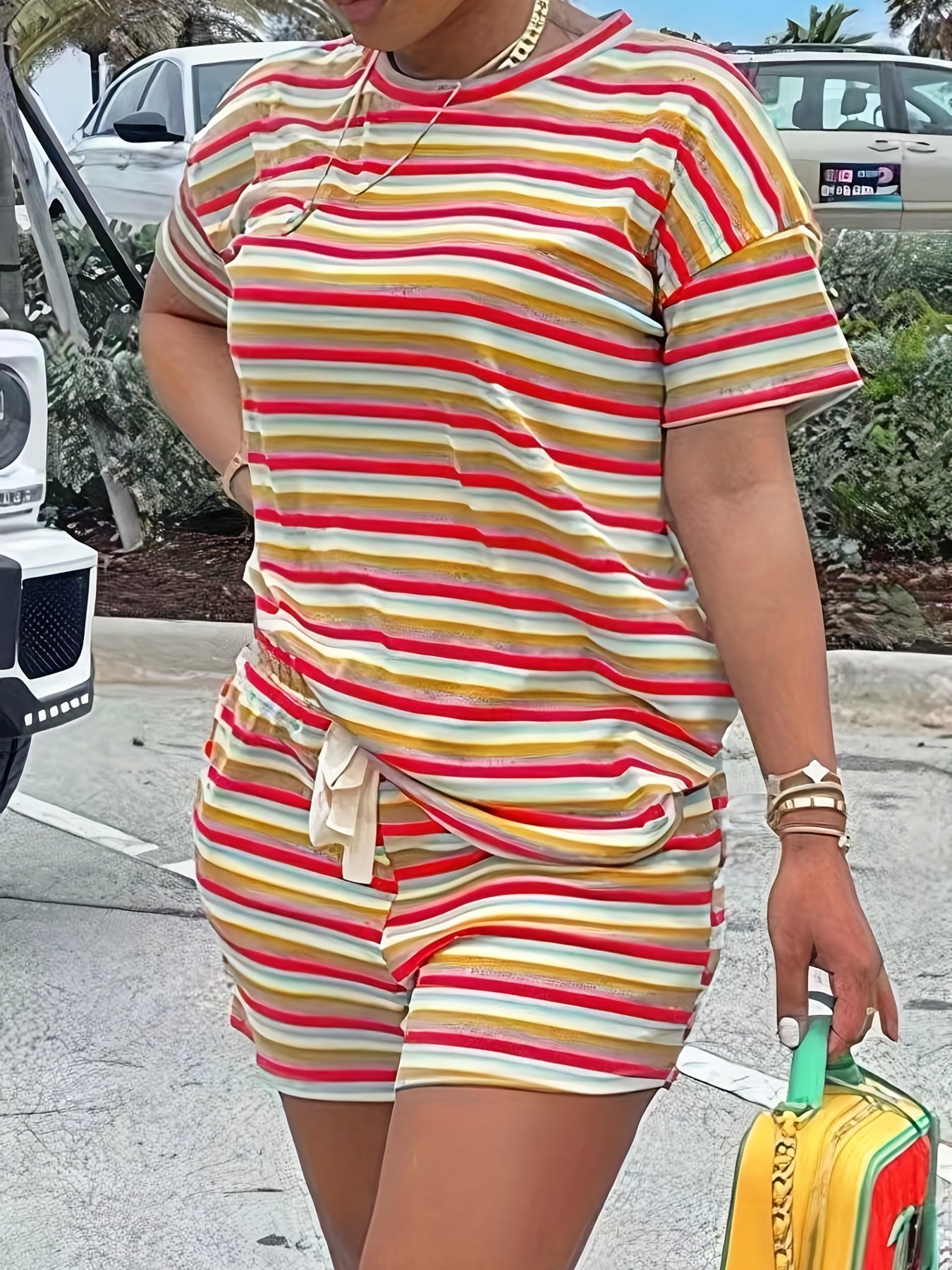 Striped Print Casual Two piece Set Crew Neck Short Sleeve Tee & Shorts