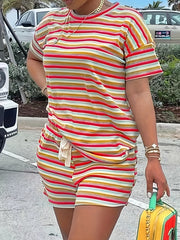 Striped Print Casual Two piece Set Crew Neck Short Sleeve Tee & Shorts