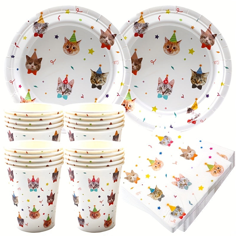 Cat Birthday Party Supplies Plates and Napkins Set