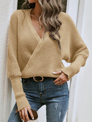 Solid Bat Sleeve Surplice Neck Jumper
