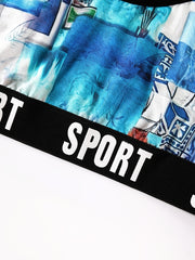 Sporty Sea Print Tape Racer Back Plus Size Bra