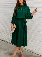 Women's Plus Solid Lantern Sleeve Midi Dress With Belt