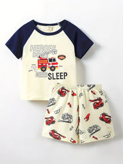 Boys Fire Truck Pajamas Set Short Sleeves Comfortable Cozy Casual Homewear
