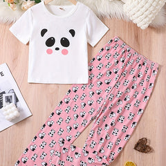 Girls Panda Graphic Pajamas Set Crew Neck Top & Pants Sleepwear