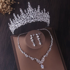Silvery Crystal Bridal Jewelry Set Rhinestone Tiara Crown Necklace Earrings