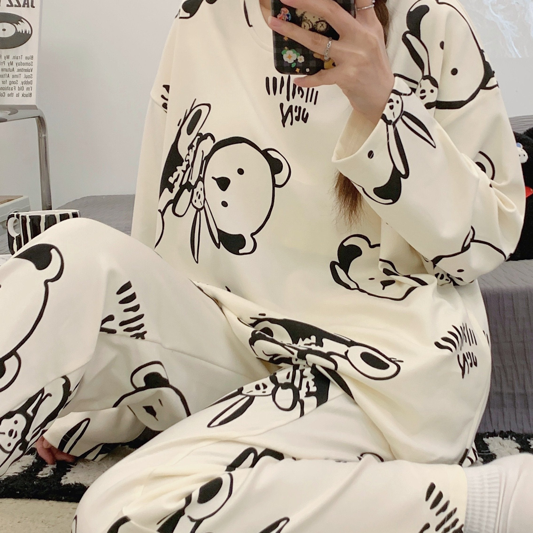 Bear Print Pajama Set Long Sleeve Top & Pants Women's Sleepwear