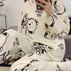 Bear Print Pajama Set Long Sleeve Top & Pants Women's Sleepwear