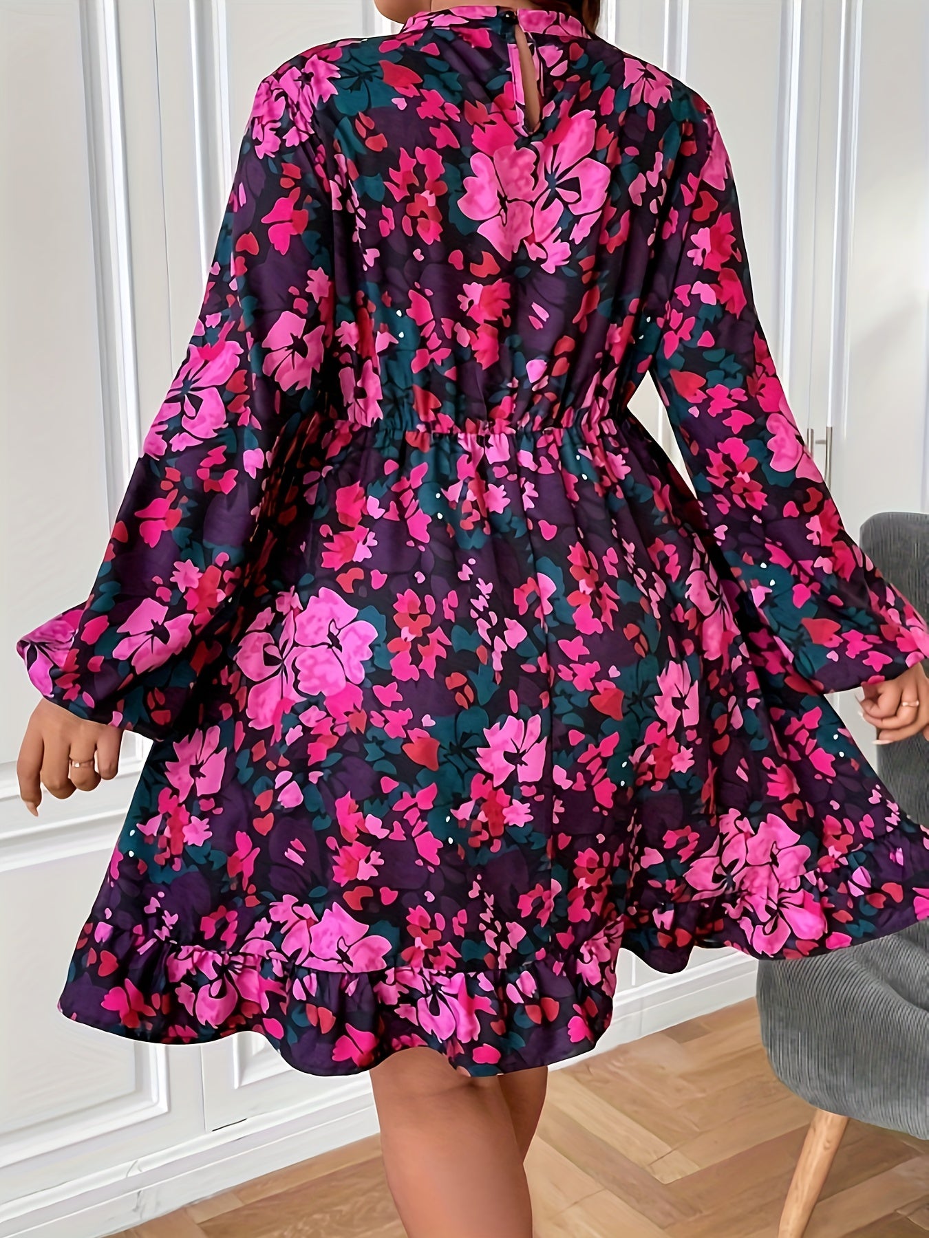 Floral Print Lantern Sleeve Smock Dress