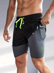 Men's Double Layer Sports Shorts With Zipper Pocket - Summer Workout Gear