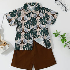 2pcs Boys Teen Coconut Graphic Print Shirt & Shorts Set for Summer