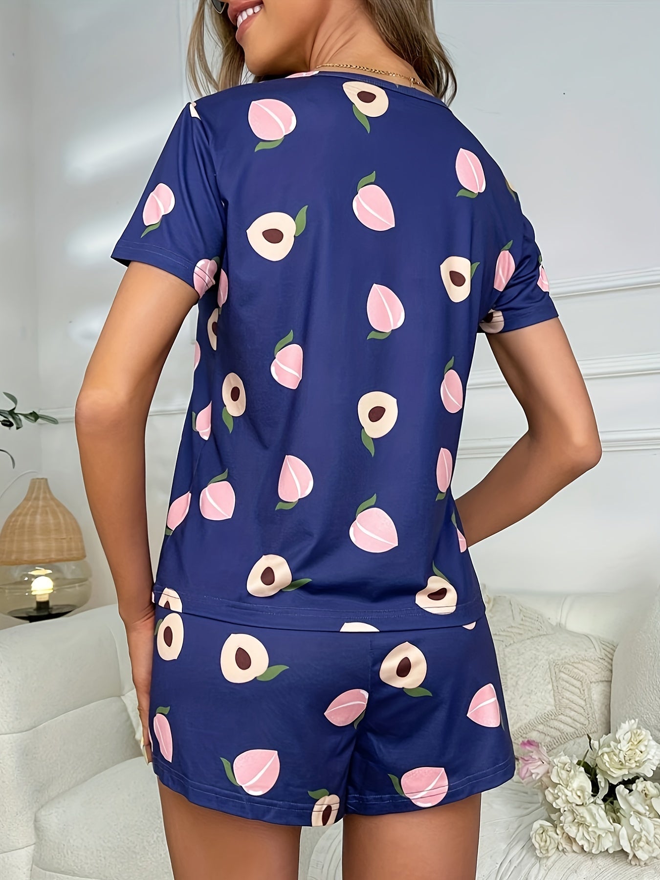 Peach Print Lounge Set Crew Neck Short Sleeve Top & Bow Decor Shorts