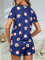 Peach Print Lounge Set Crew Neck Short Sleeve Top & Bow Decor Shorts