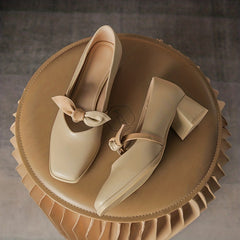 Bowknot Decor Chunky Heels Square Toe Outdoor Shoes