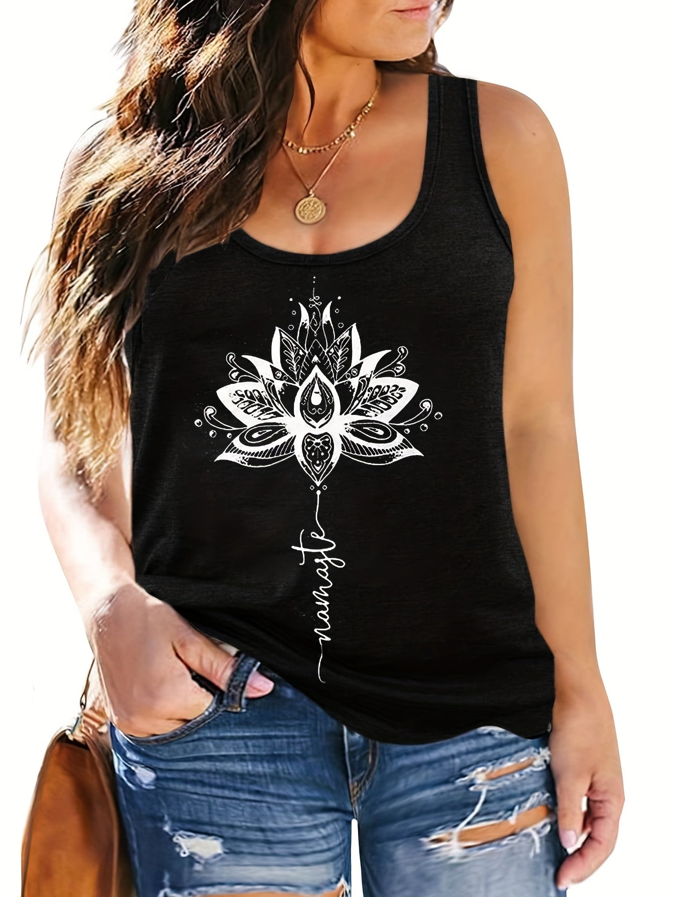 Lotus & Letter Print Round Neck Tank Top