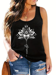 Lotus & Letter Print Round Neck Tank Top