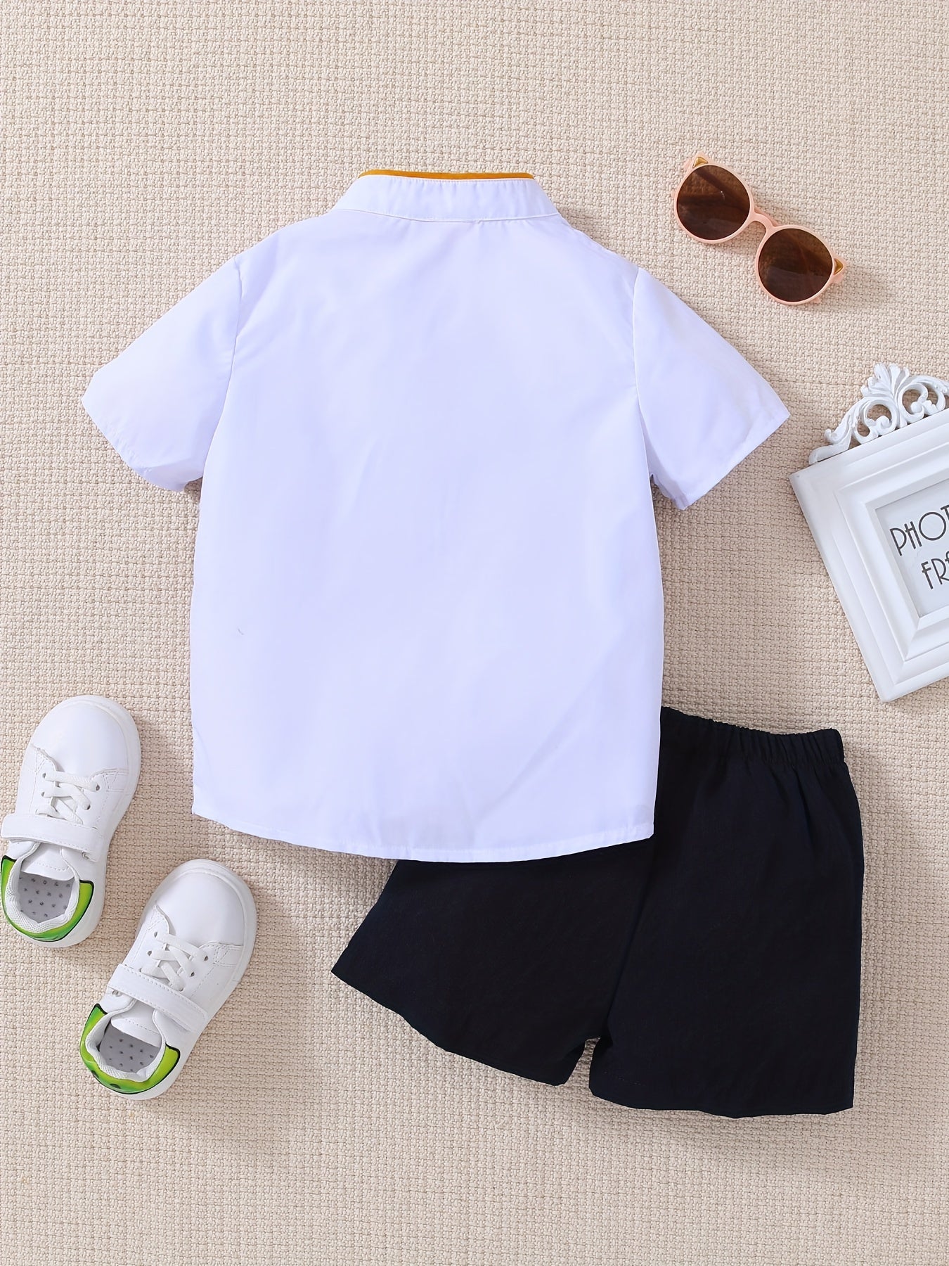 Boys Block Outfit Short Sleeves Stand Collar Shirt & Shorts Set