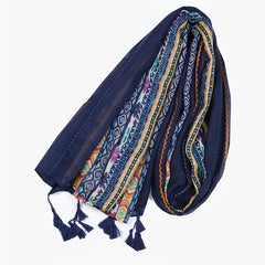 Navy Boho Tassel Scarf Vintage Pop Stripe Print Voile Block Long Shawl
