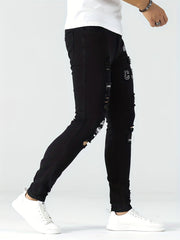Slim Fit Ripped Embroidery Biker Jeans Mens Casual Street Style Stretch Denim