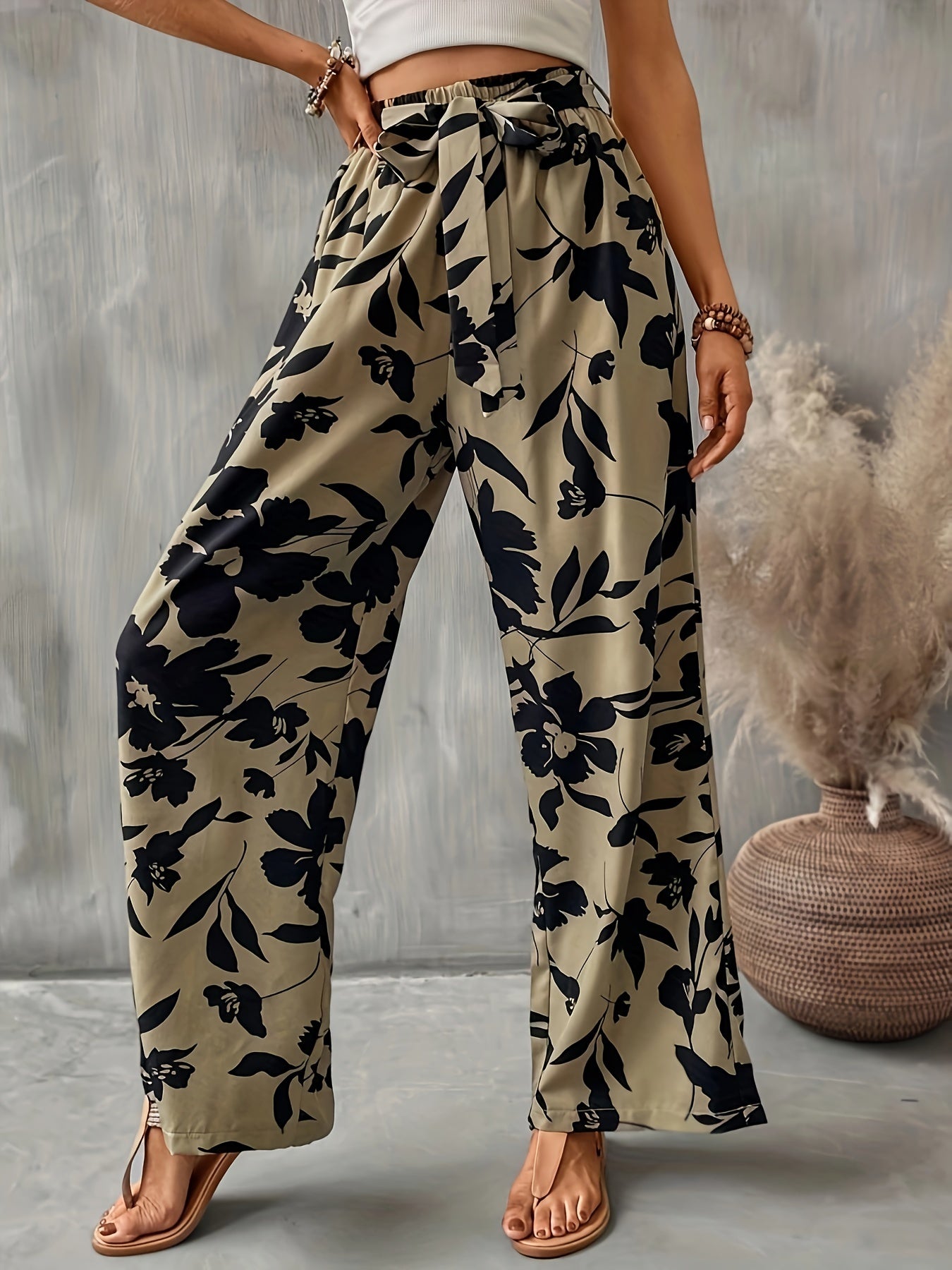Floral Print Wide Leg Pants with Knot Detail