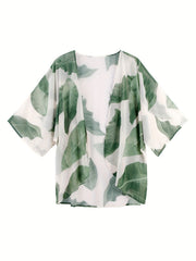 Leaf Print V Neck Loose Fit Beachwear Cover Up Blouse