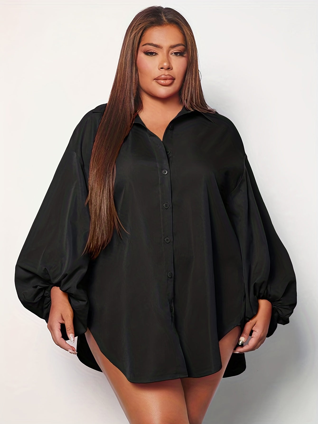 Button Up Lantern Sleeve Blouse