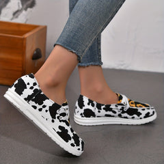 Chrysanthemum & Cow Print Canvas Shoes Low Top Lace Up Round Toe Lightweight