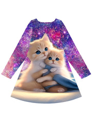 Girls 3D Kitty Graphic Crew Neck Dress Spring Fall Gift