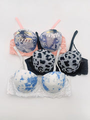 3 Pcs Women's Printed Cup Bras Top Thin Bottom Underwire Bra