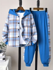 Boys Plaid Button Front Hooded Shirt Sweatpants Set