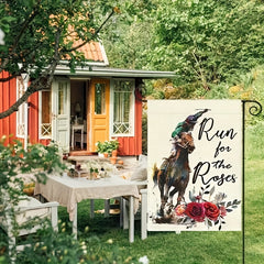Run For The Roses Horse Race Garden Flag - Burlap Yard Decoration