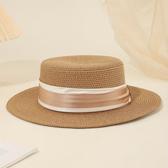 Khaki Sun Hats Satin Wide Strap Decor Flat Top Jazz Straw Hat