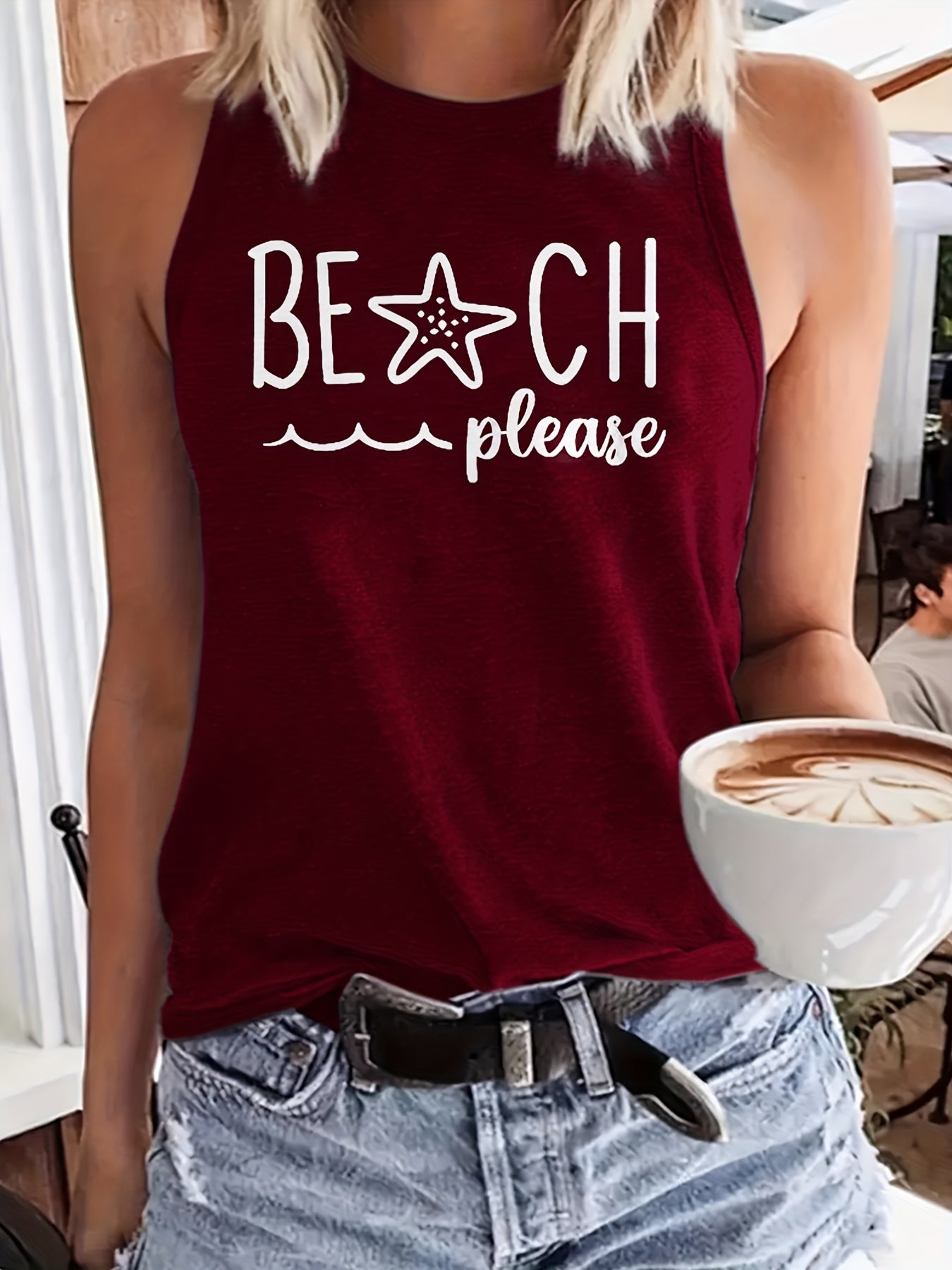 Beach Letter Print Tank Top Women's Crew Neck Casual Tee