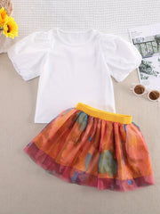 2pcs Toddler Girls Puff Sleeve T shirt & Tie Dye Mesh Skirt Set