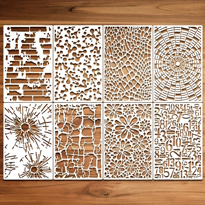 8pcs Reusable Painting Stencil Molecules Abstract Bricks Crocodile Irreg