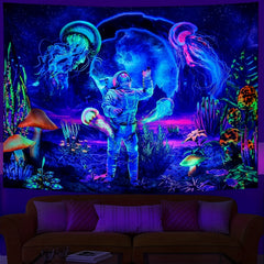 UV Reactive Astronaut Tapestry Plants Jellyfish Neon Galaxy