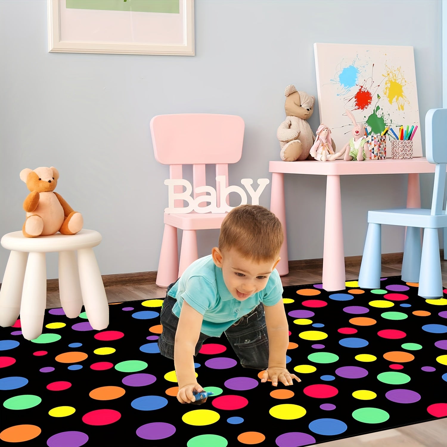 Colorful Rainbow Polka Dot Area Rug for Classroom or Kids' Room
