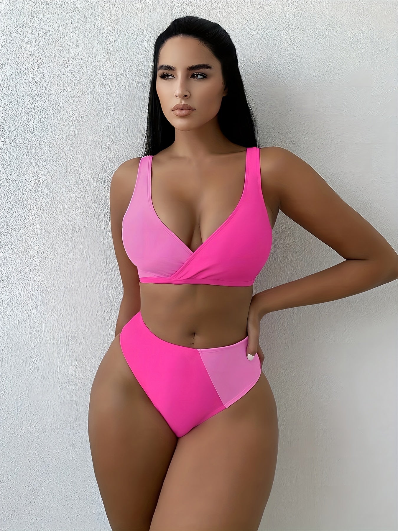 Stretchy High Cut Bikini Set V Neck 2 Piece Sexy Swimsuit