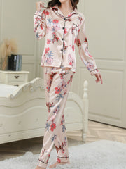 Women's Satin Floral Print Pajama Set Long Sleeve Button Up Tops & Pants