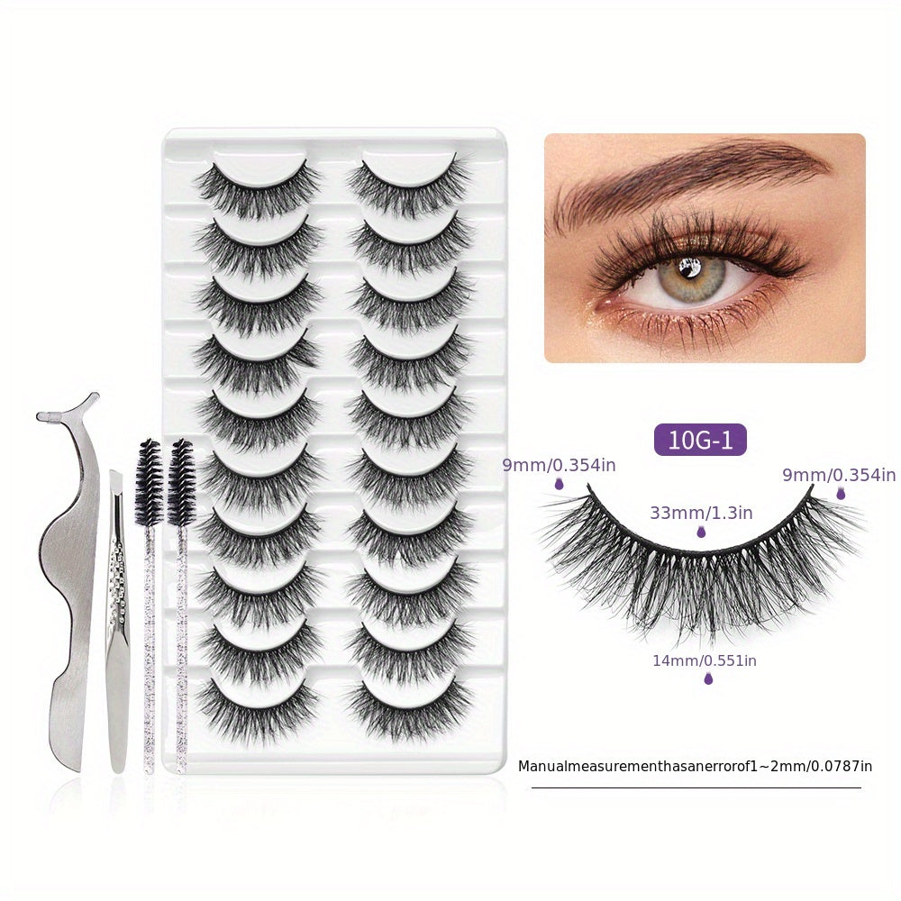 10 Pairs Volume False Eyelashes Set + Tweezers & Brushes