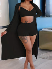 Sexy Three Piece Set: Crop Top, Shorts, Cardigan
