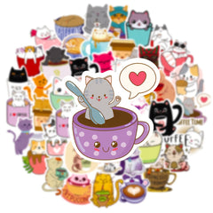 50 Pcs Cat Coffee Cup Waterproof Sticker DIY Toy Sealing Sticker
