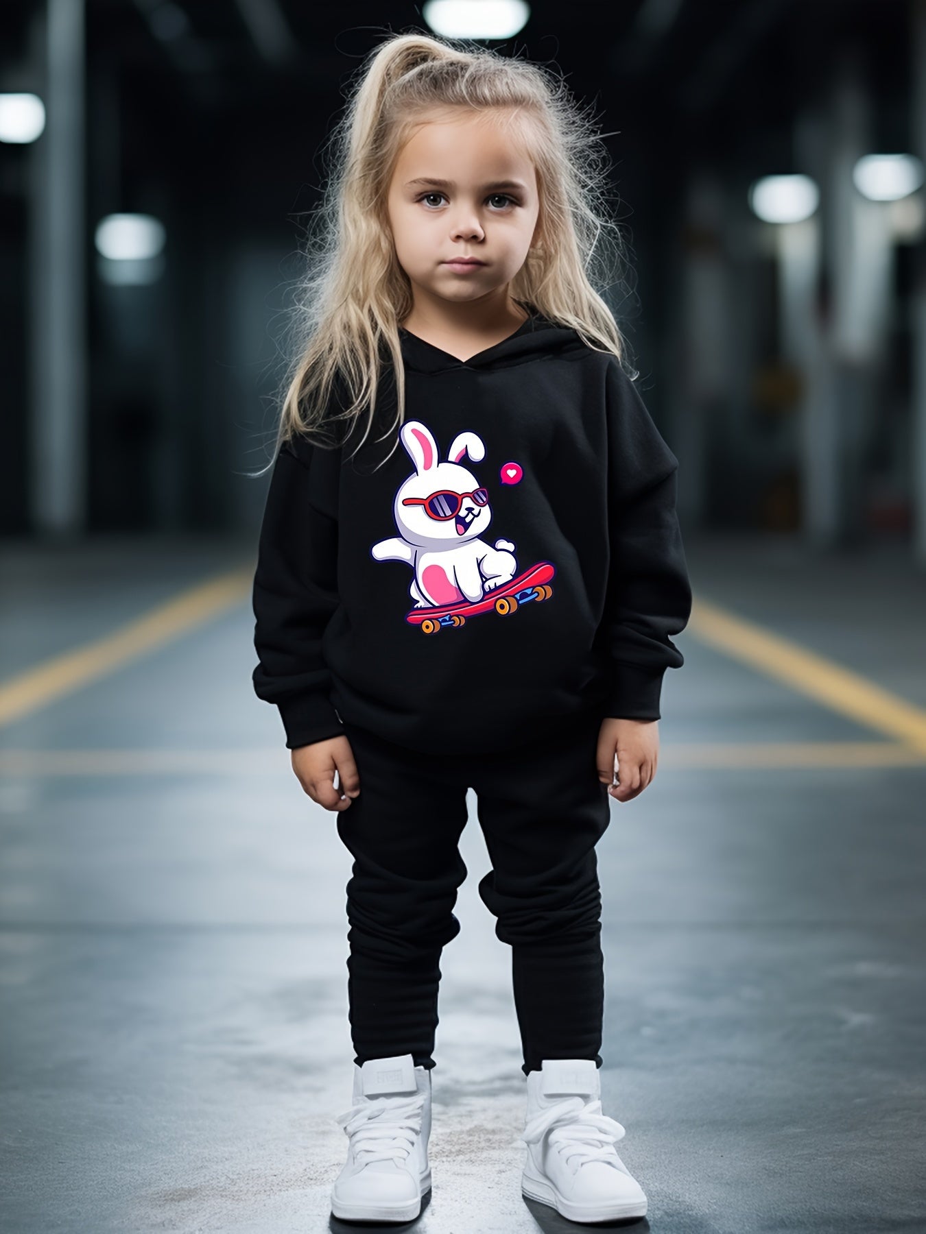 Skate Bunny Print Hooded Pullover Pants Set for Girls Boys