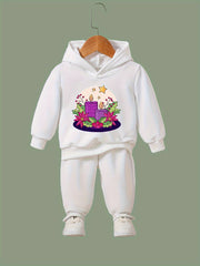 Girls 2pc Cartoon Candles Pattern Hooded Sweatshirt and Sweatpants Set