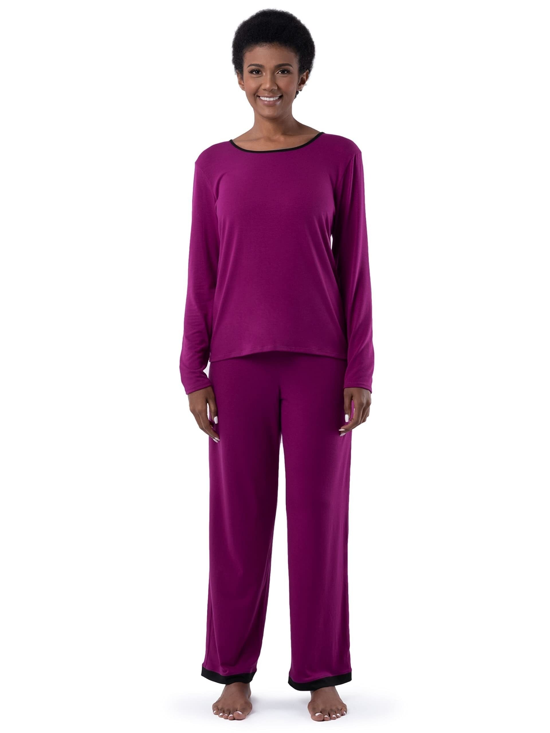 Colorblock Trim Pajama Set Long Sleeve Crew Neck Top & Elastic Waistband Pants