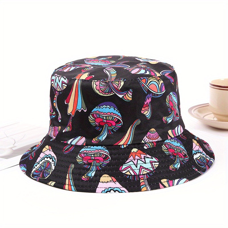 Cartoon Mushroom Print Bucket Hat Basin Hat Unisex Lightweight Fisherman Cap