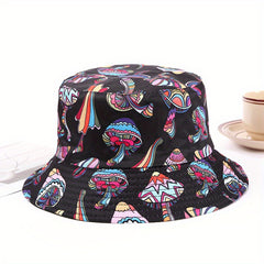 Cartoon Mushroom Print Bucket Hat Basin Hat Unisex Lightweight Fisherman Cap